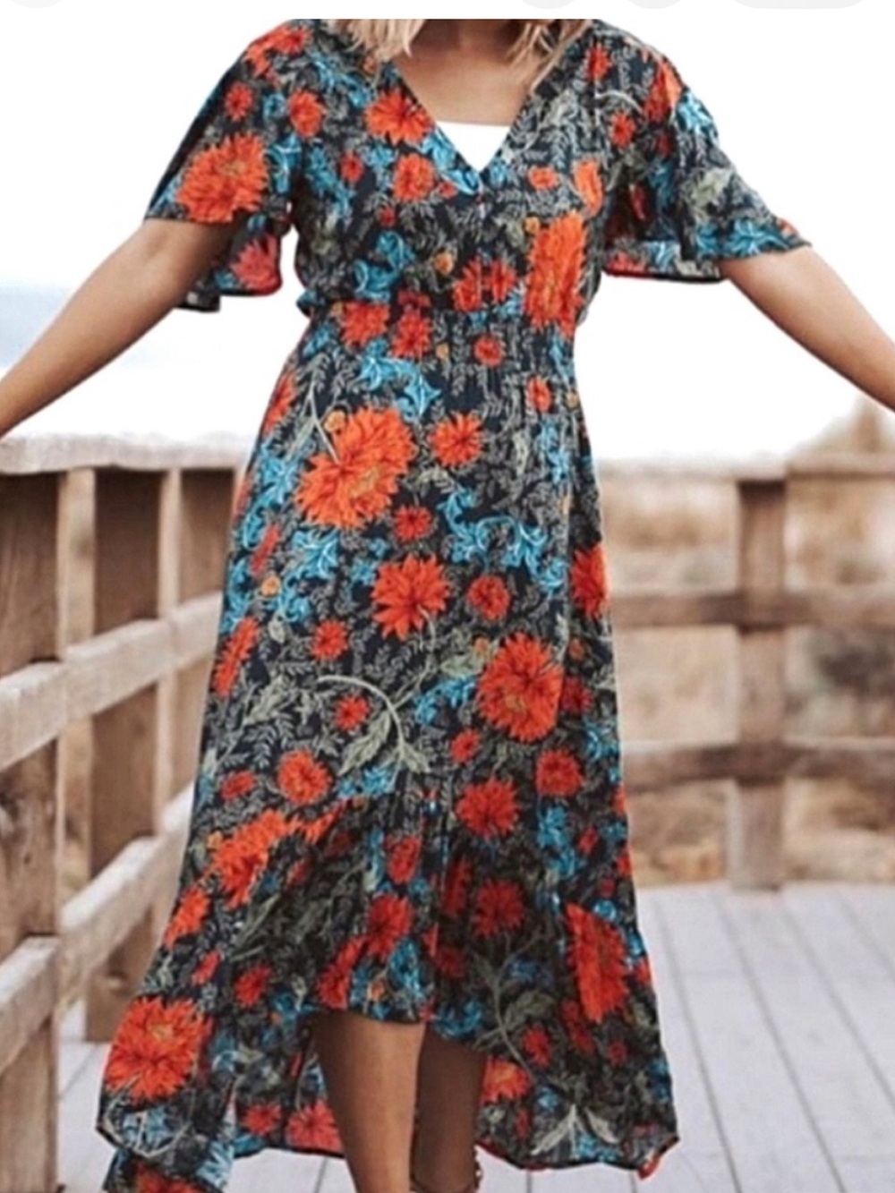 Abel the Label Floral Fantasy V-Neck hi lo Maxi Dress in Orange & Teal M